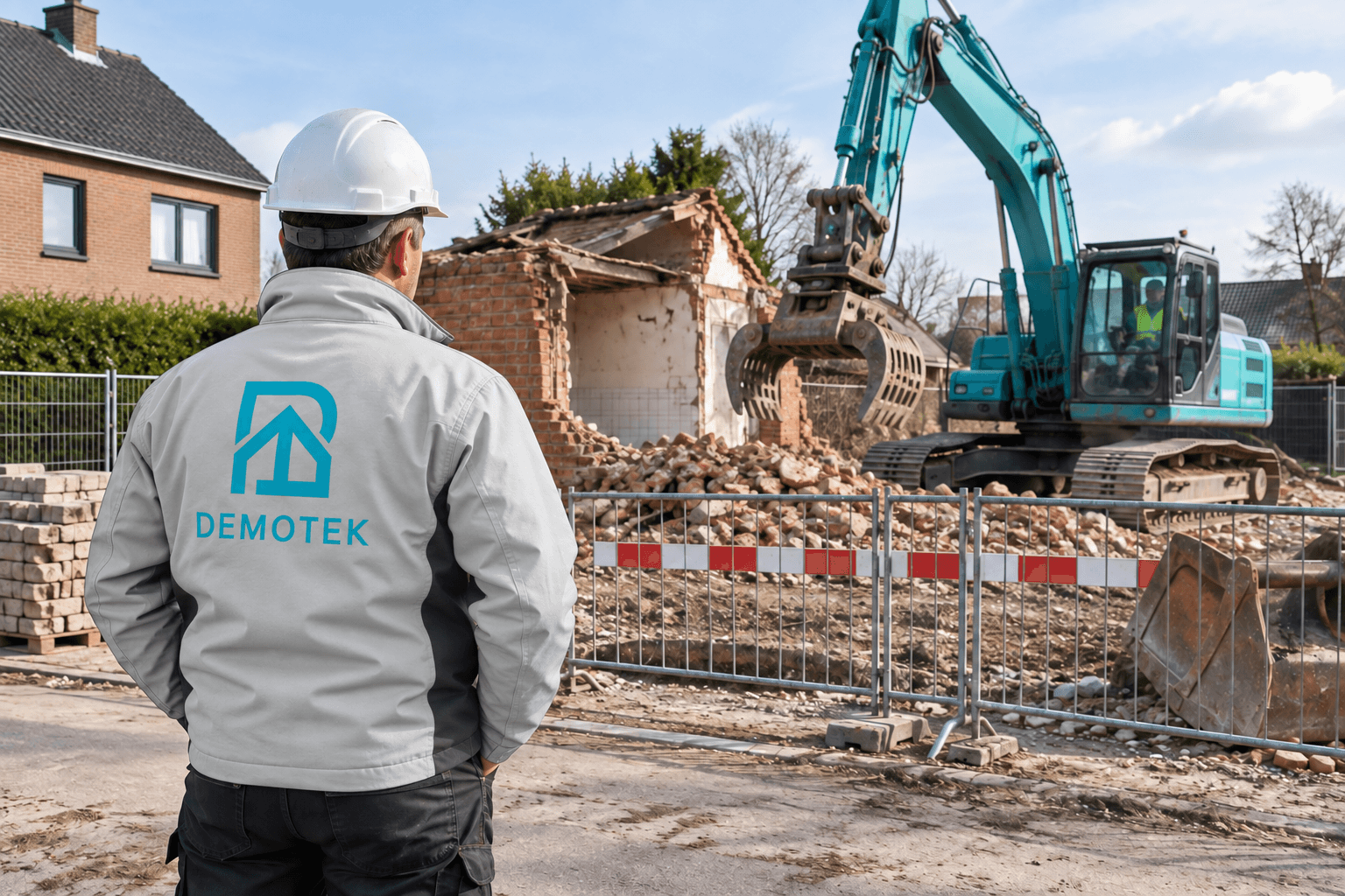 Chantier de démolition contrôlée avec un professionnel en tenue Demotek, illustration