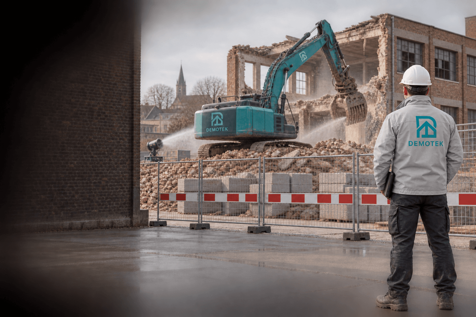 Demotek-illustratie van een afbraakwerf met een graafmachine en een persoon in werkkleding