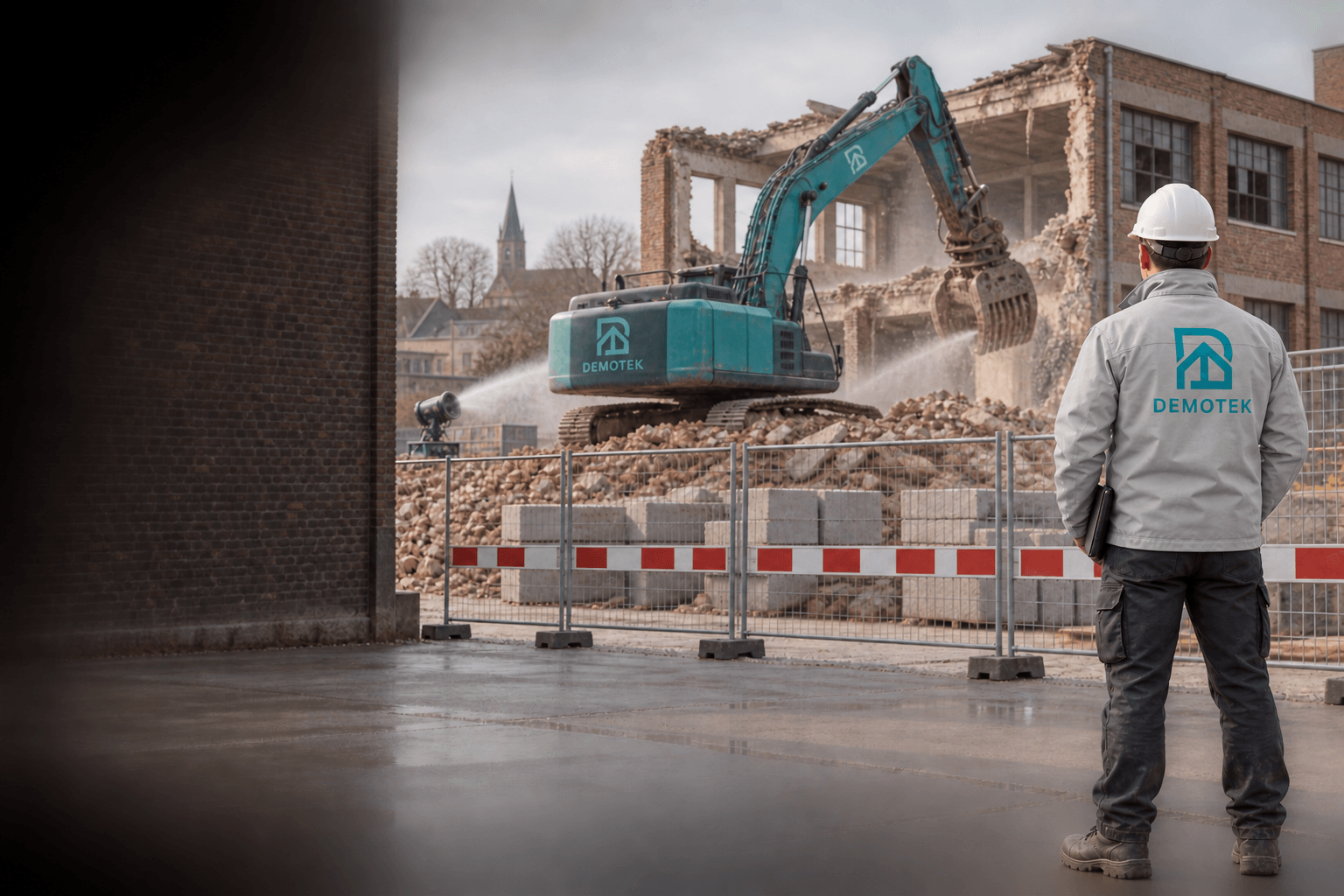 Chantier de démolition avec pelle mécanique et tenue Demotek, illustration