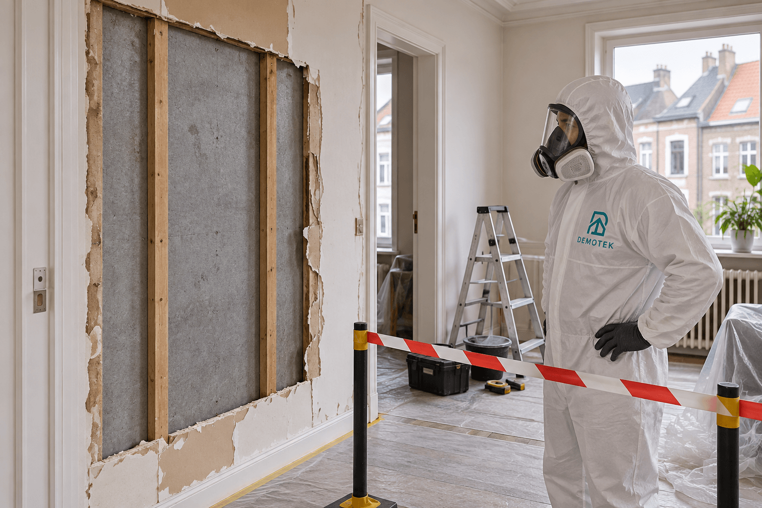 Illustratie: Demotek-medewerker in beschermende kleding bekijkt een paneel achter een geopende wand in een afgebakende zone.