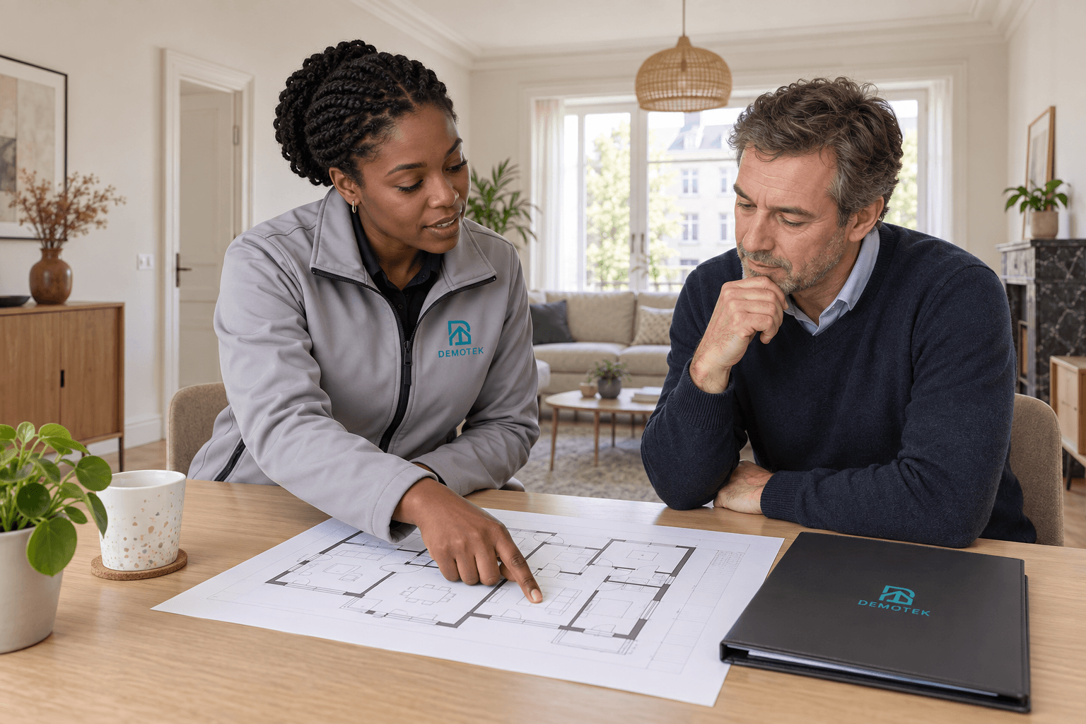 Illustration: a Demotek project coordinator and a homeowner review a room plan with intact walls and ceiling before work.