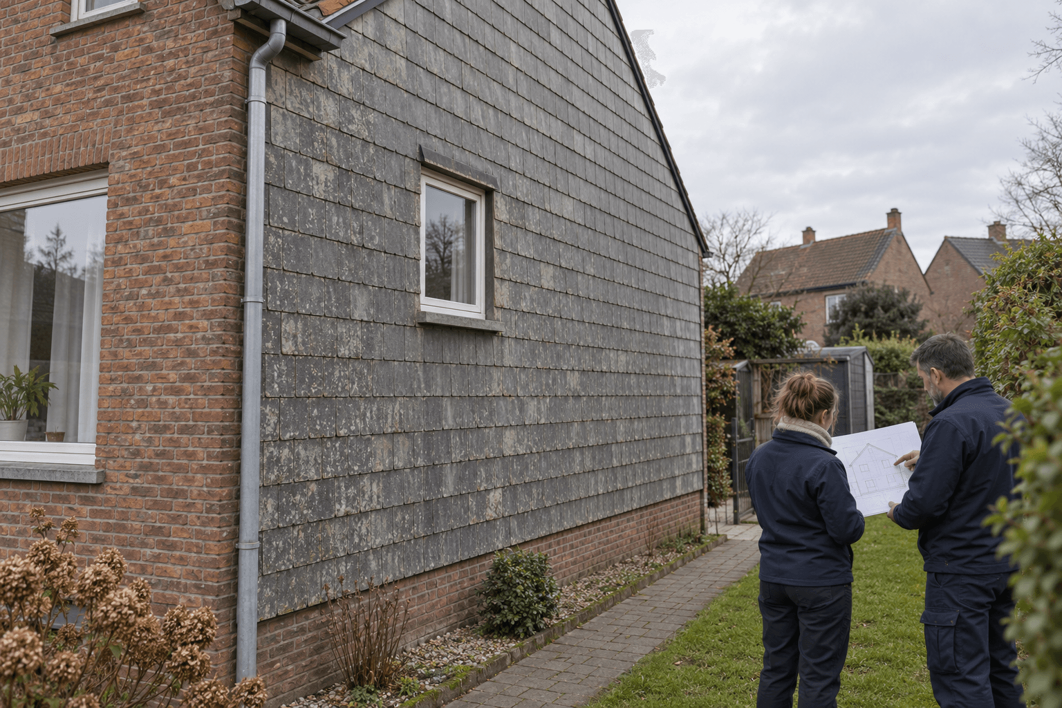 Illustration: two people review a plan from ground level beside an intact slate-clad facade without touching the cladding.