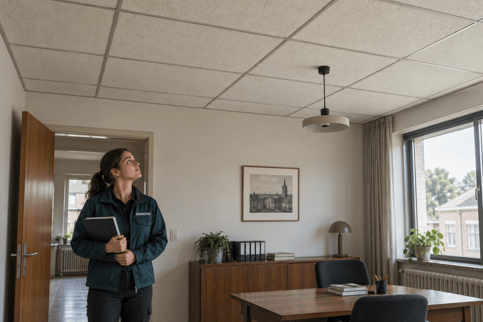 Illustratie: coördinator in een Demotek-jas bekijkt een intact vals plafond vanaf de vloer zonder de panelen aan te raken.