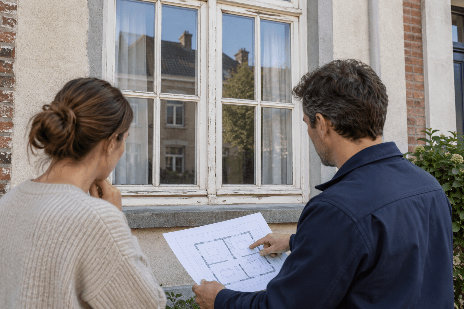 Illustration: a homeowner and coordinator review a plan beside an old intact window without touching the putty.