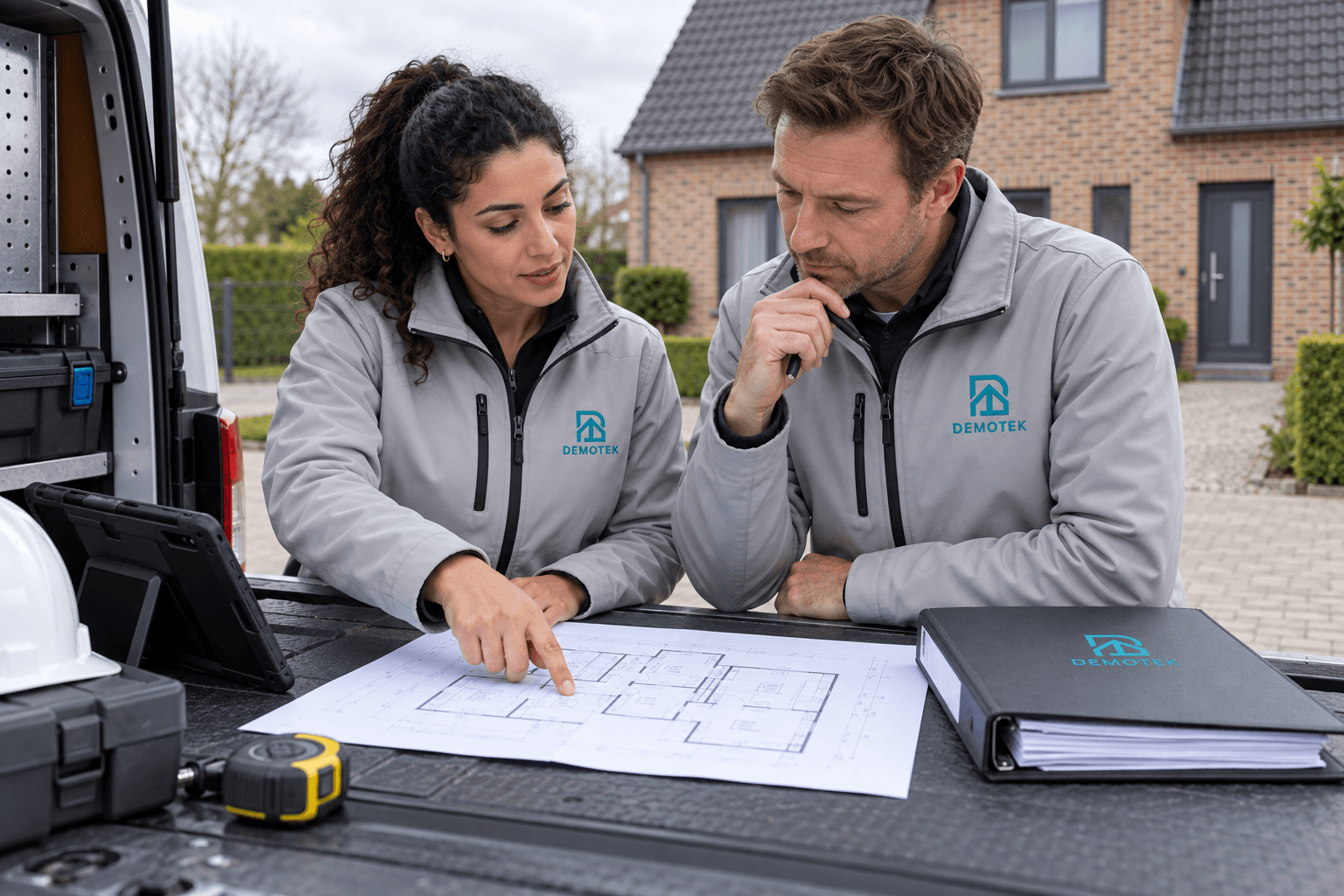 Illustration : deux professionnels en veste Demotek examinent un plan et un dossier devant une maison pour préparer un devis.