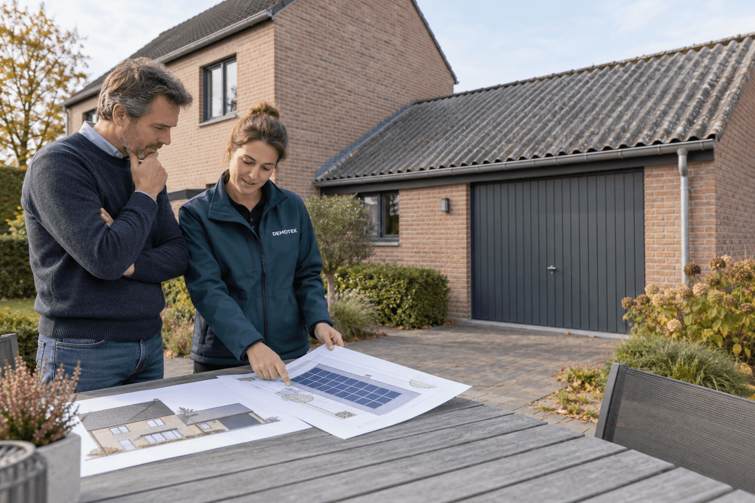 Illustration: a Demotek coordinator and a homeowner review a solar project beside a garage with an intact corrugated roof.