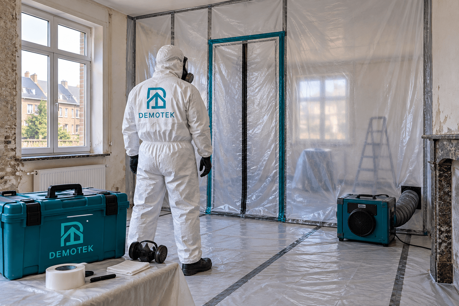Illustration d’une zone intérieure préparée pour une intervention avec protection des surfaces.