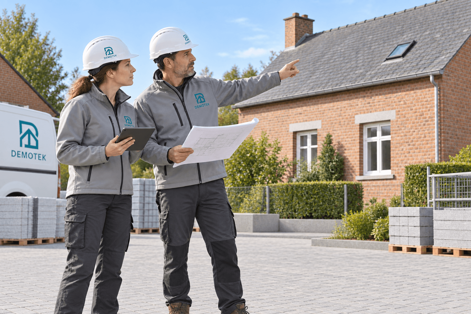Illustration de deux personnes en tenue Demotek examinant des plans devant une maison et sa toiture.