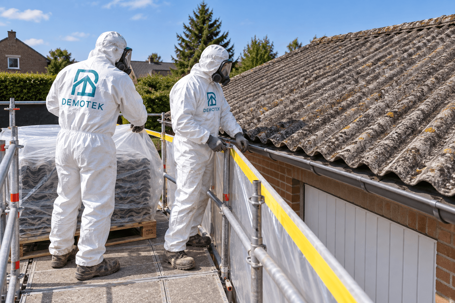 Professionnels en combinaison Demotek à proximité d’une toiture en amiante-ciment, illustration