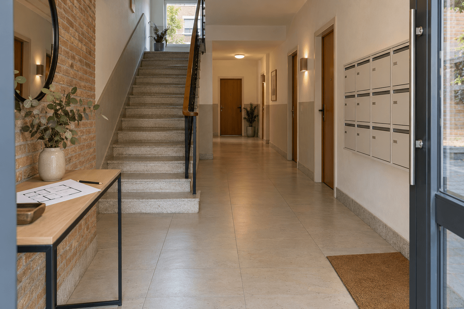 Illustration: an apartment entrance hall, stairs and mailboxes, with a plan placed outside the circulation route.