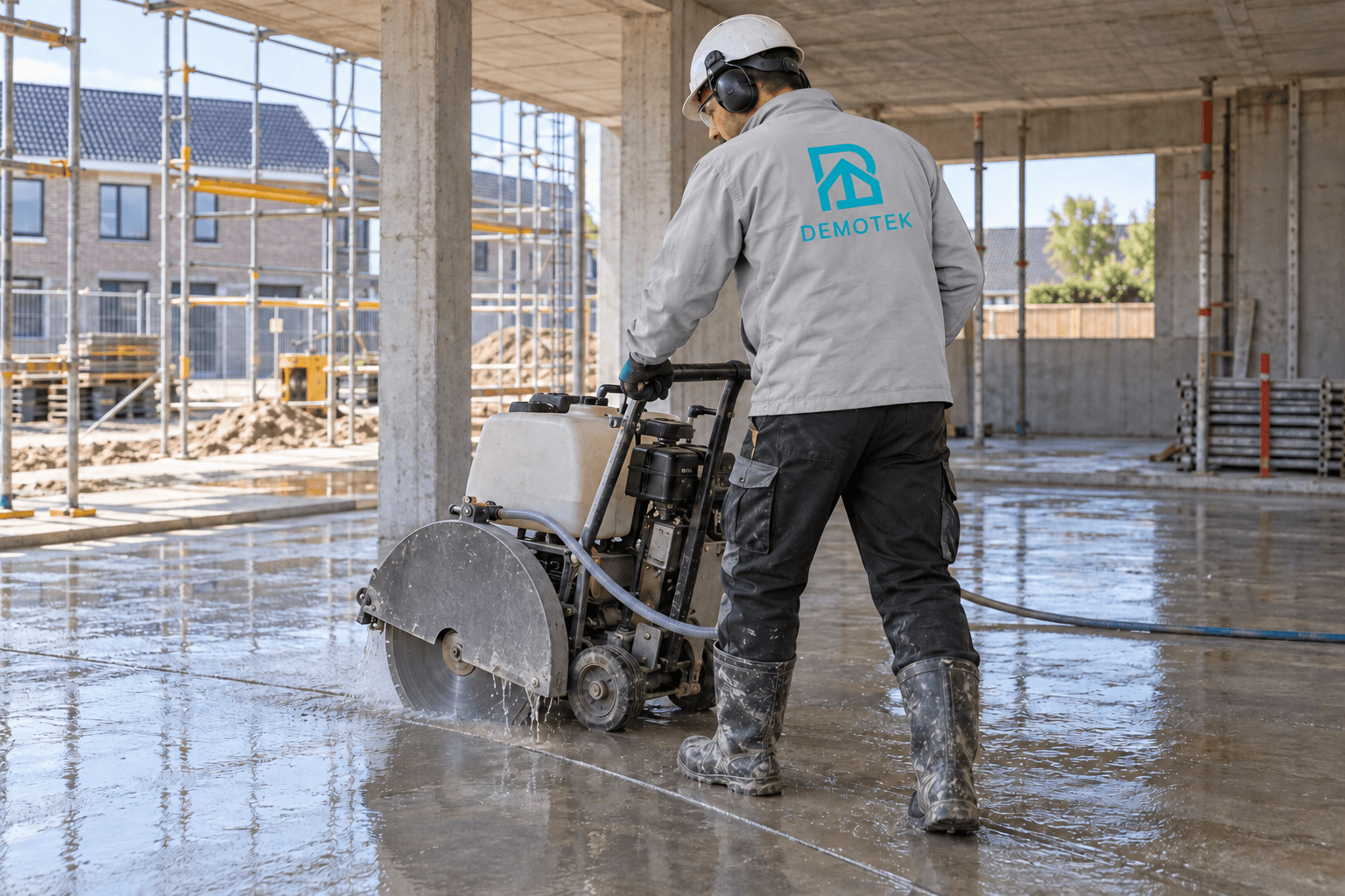 Sciage humide du béton avec un opérateur en tenue Demotek, illustration