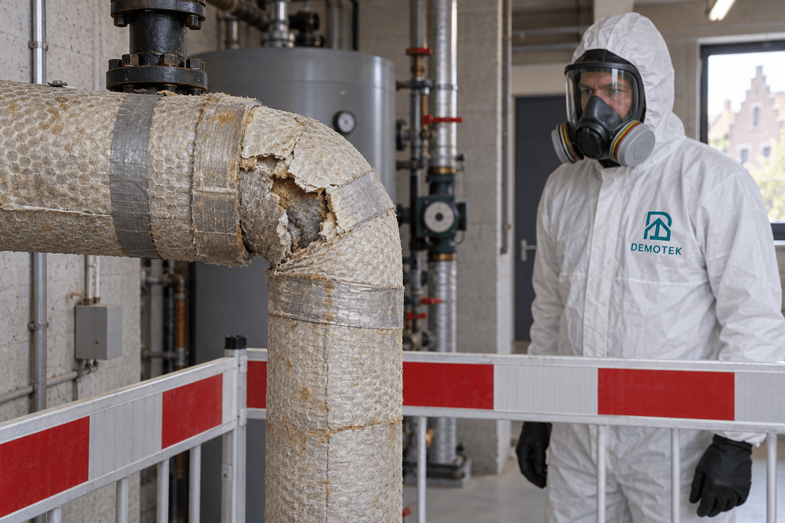 Illustratie: beschadigde leidingisolatie en een Demotek-medewerker in beschermende kleding achter een afzetting, zonder aanraking.