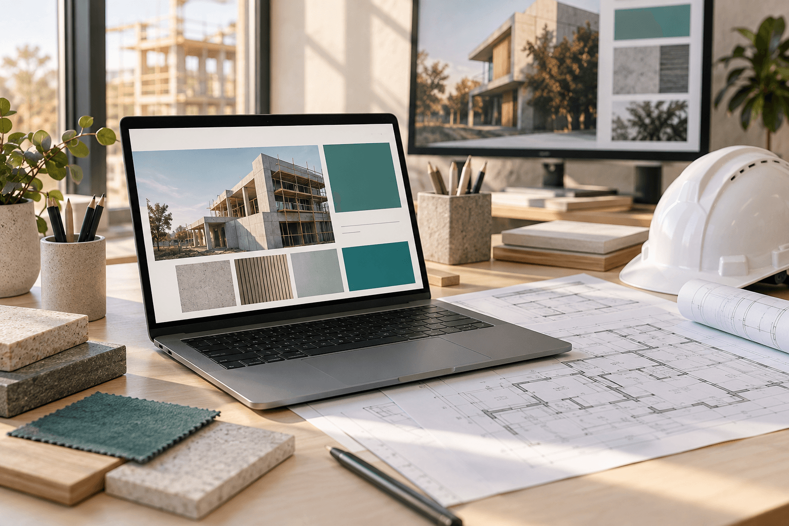 Illustration: a website design workspace with an open laptop, building plans and a construction helmet.