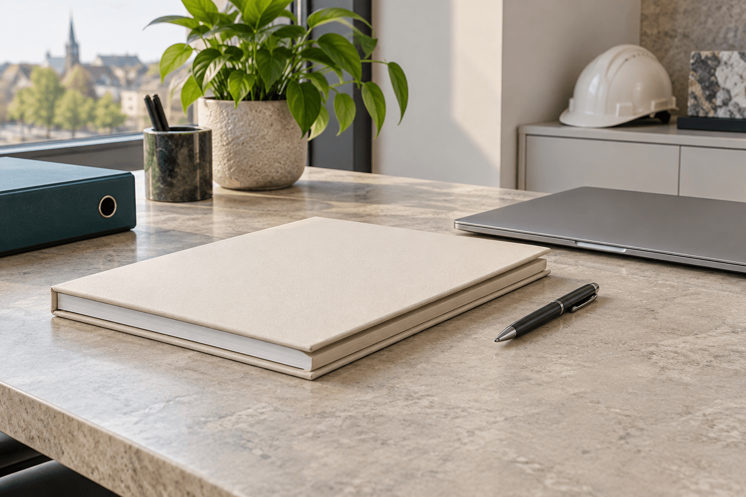 Illustration: a closed folder, a closed laptop and a pen on an office desk.