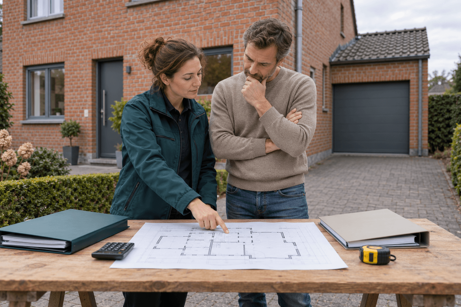 Illustration: a coordinator and homeowner compare documents and a plan outside a house with a garage.