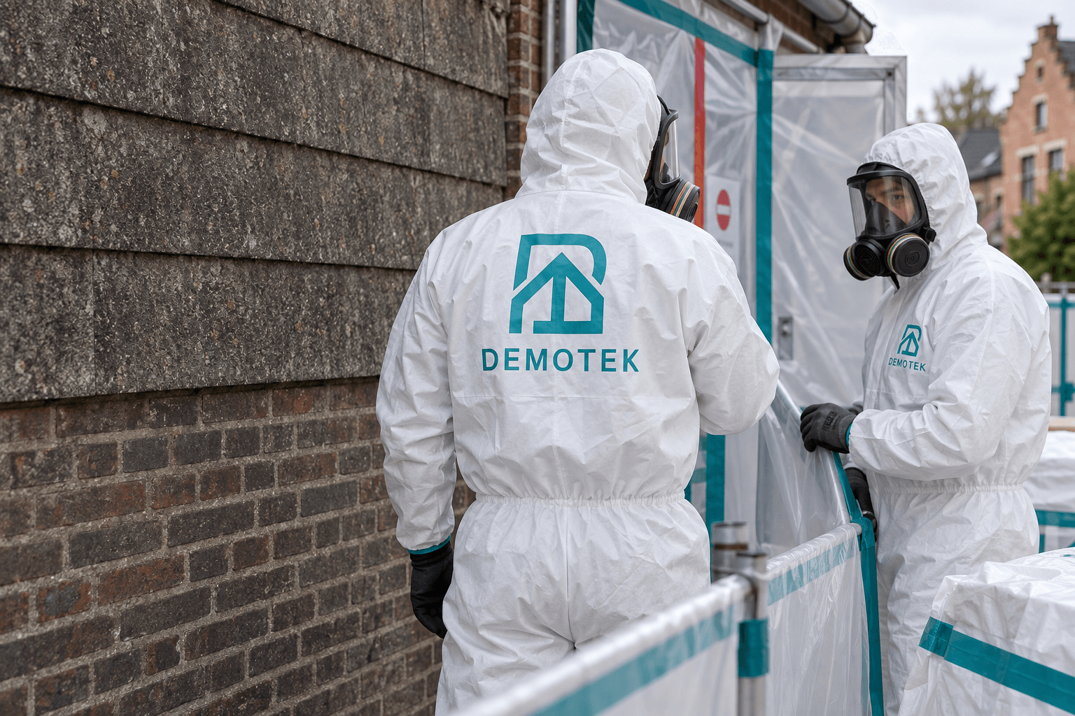 Illustration: Demotek workers in protective clothing beside a marked asbestos removal area.