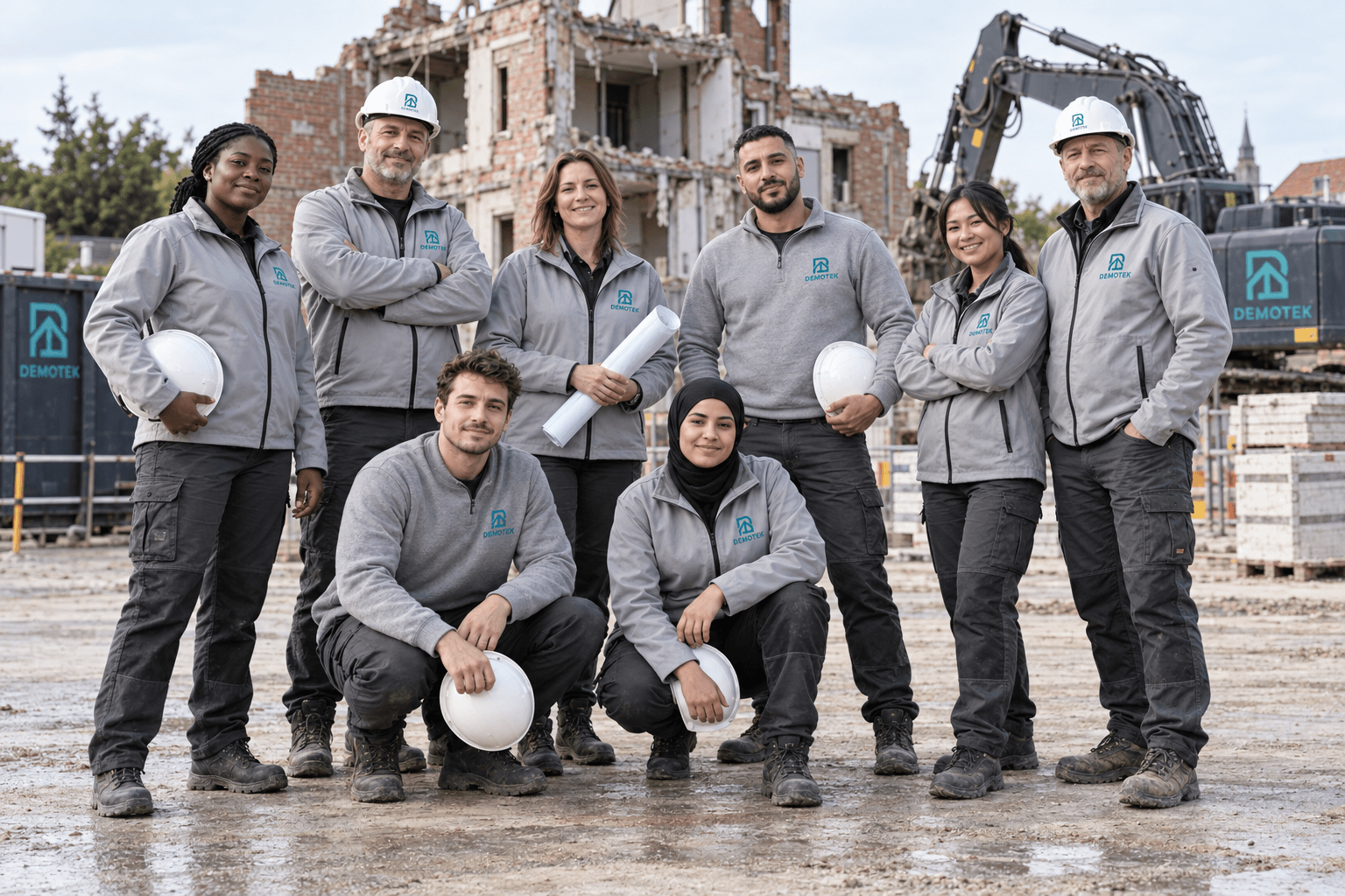 Illustration générée d’une équipe mixte et multiculturelle en tenues grises avec le logo Demotek