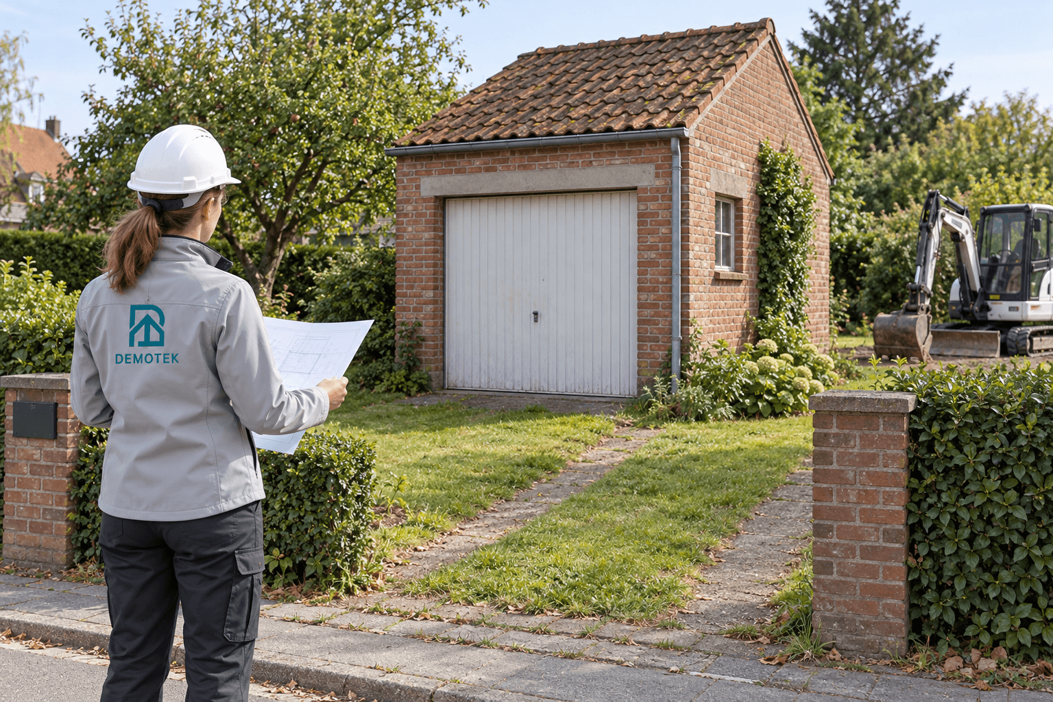 Illustration : professionnelle en veste Demotek examinant un plan devant un garage en briques et une petite pelle mécanique.
