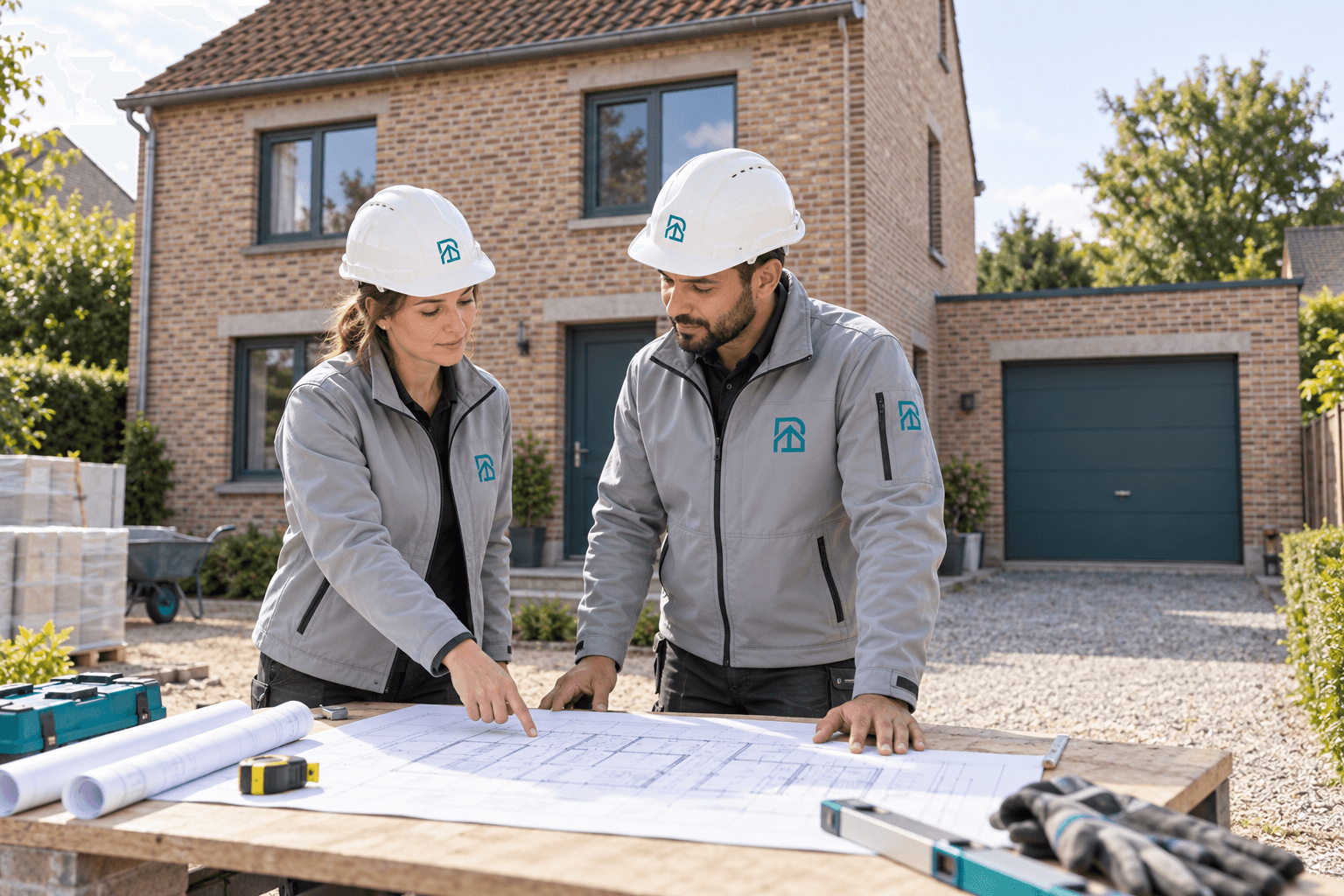 Illustratie van twee personen in Demotek-werkkleding die een plan bekijken voor een woning en garage.