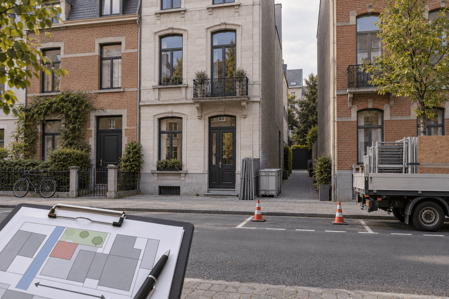 Illustration: a site plan and terraced houses for planning worksite access in Brussels.