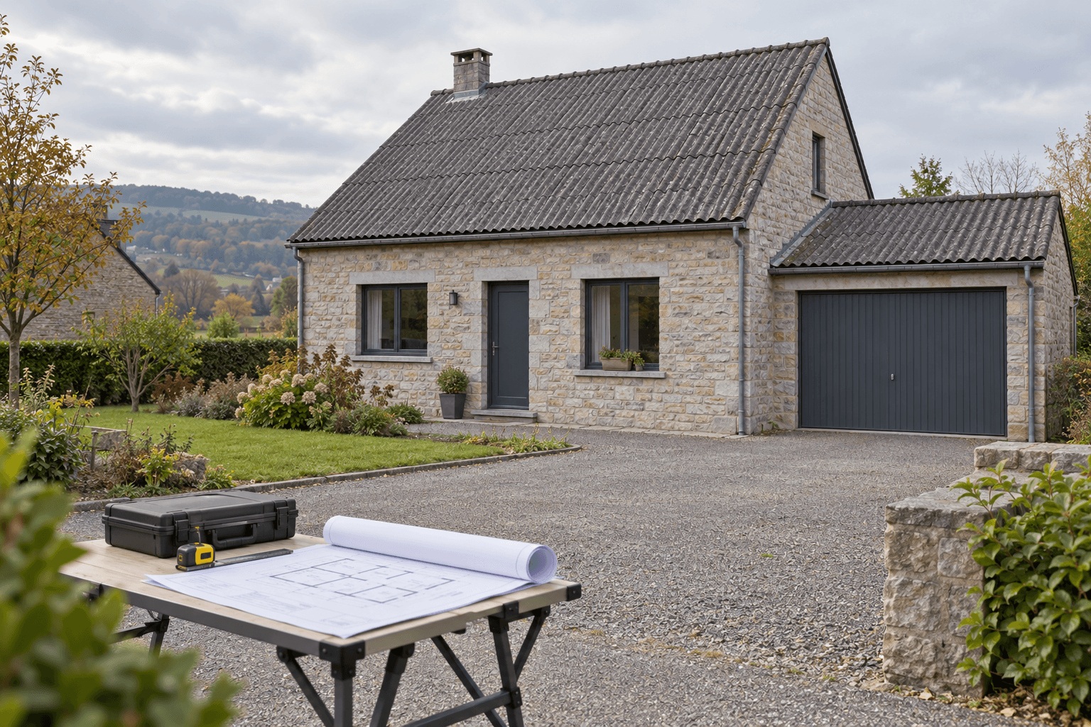 Illustration: a stone house, garage and plans for preparing a renovation in Wallonia.
