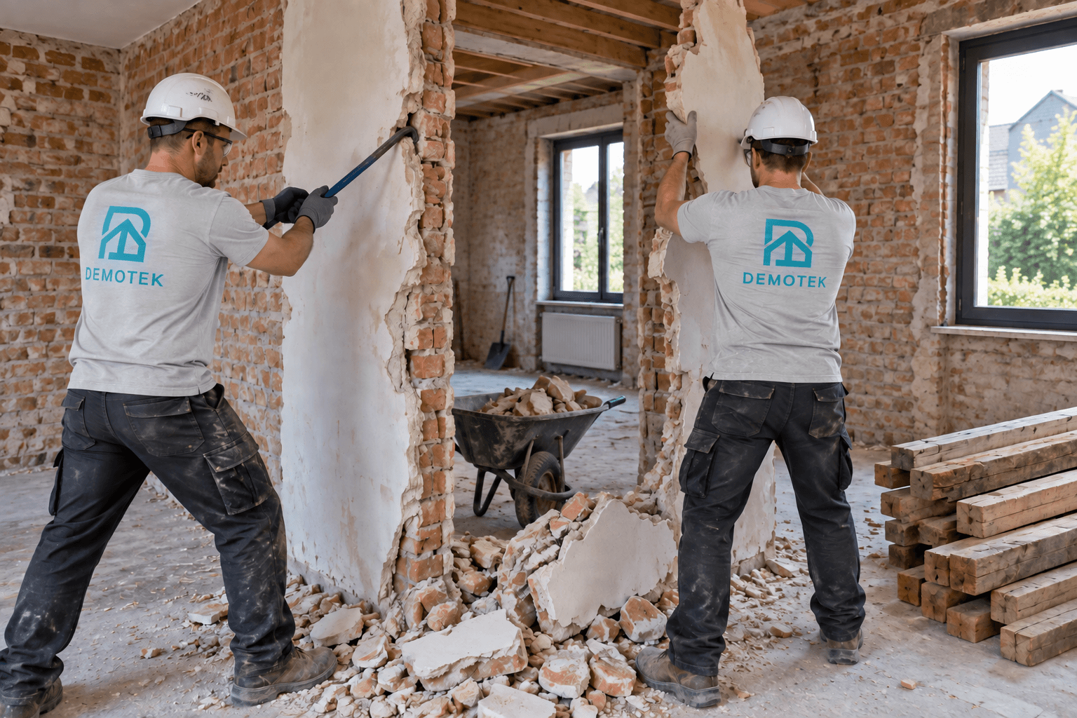 Déconstruction intérieure et tri des matériaux par des professionnels en tenue Demotek, illustration
